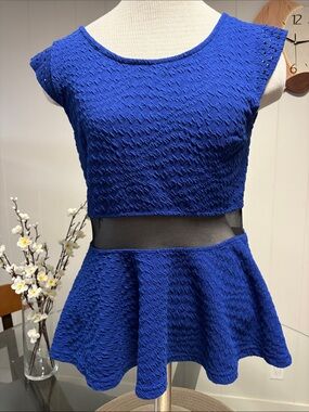 iris Royal Blue Textured Peplum Crop Top with Mesh Waist